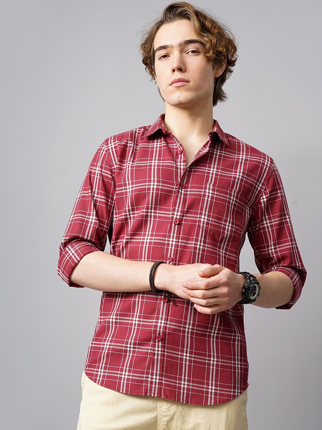 

British Club Men Classic Slim Fit Tartan Checks Opaque Checked Casual Shirt, Red