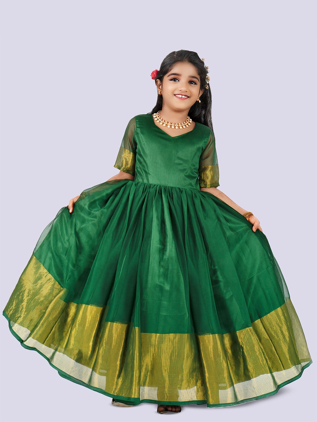 

STANWELLS KIDS Girls Cotton Gathered or Pleated Fit & Flare Maxi Dress, Green
