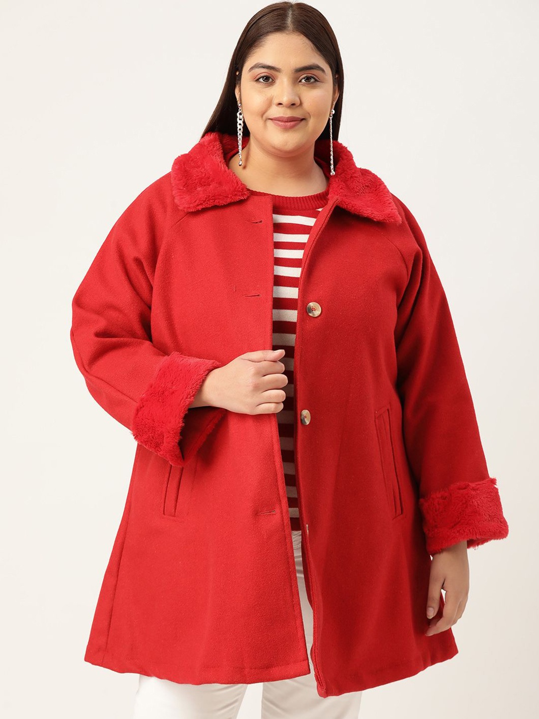 

theRebelinme Women Plus Size Spread Collar Long Sleeves Regular Fit Overcoat, Red