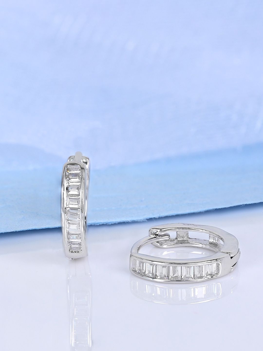 

TOUCH925 Pure Silver Cubic Zirconia Studded Contemporary Hoop Earrings