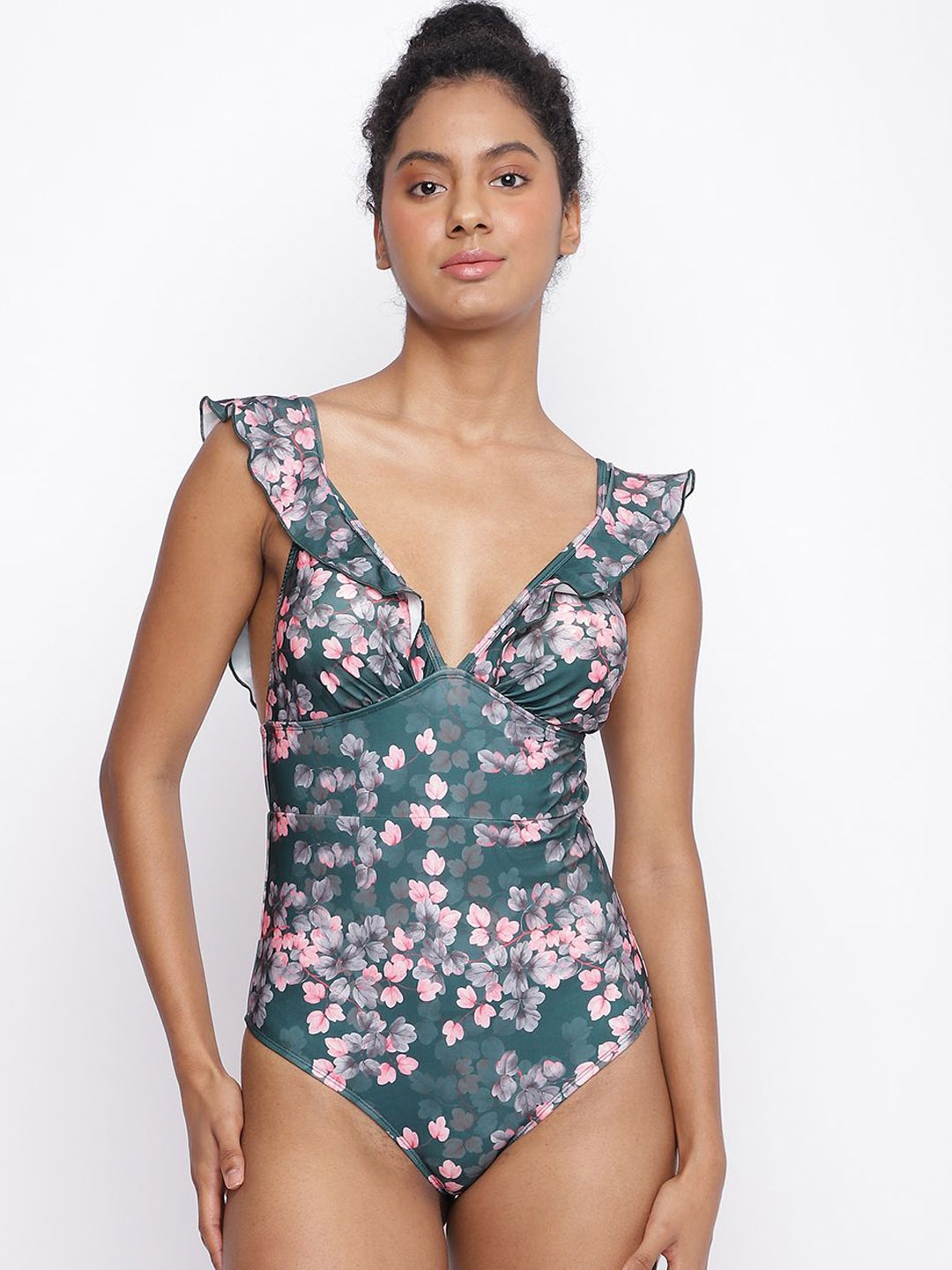 

La Intimo Women Floral Printed V Neck Bodysuit, Green