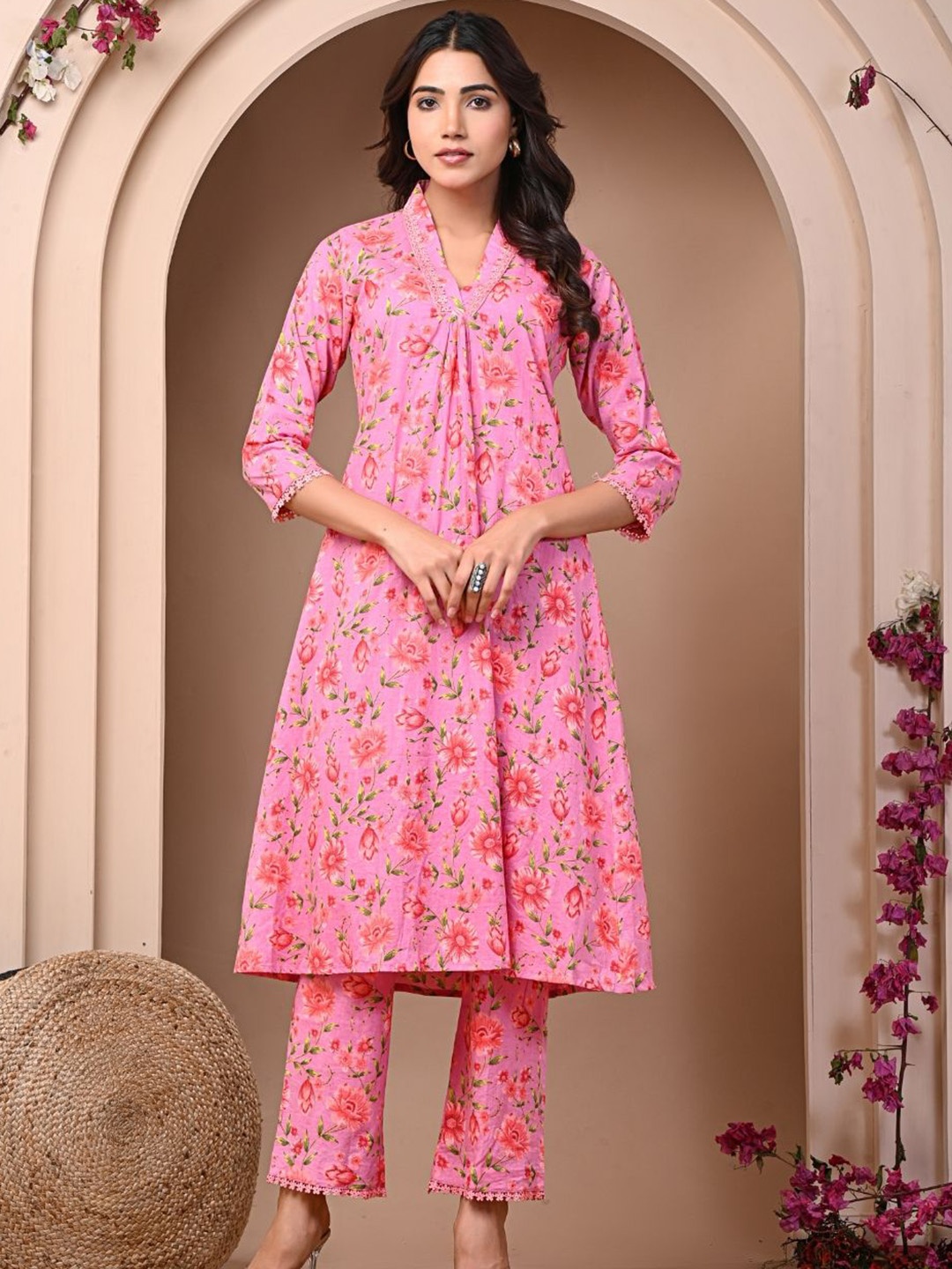 

SAADGEE Floral Printed Lace Detail V-Neck Pure Cotton A-Line Kurta With Trouser, Pink