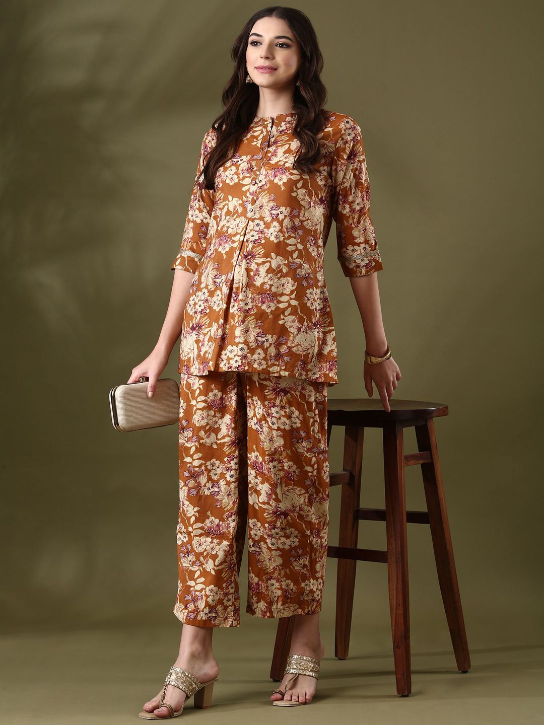 

Anouk Brown Floral Printed Mandarin Collar Tunic & Trousers