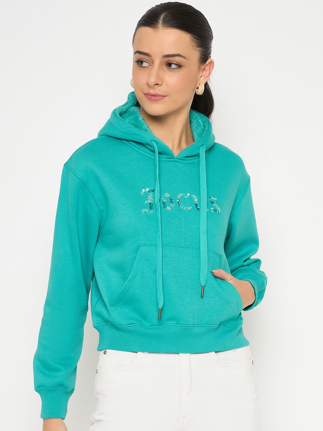 

Madame Women Long Sleeves HoodedSweatshirt, Turquoise blue