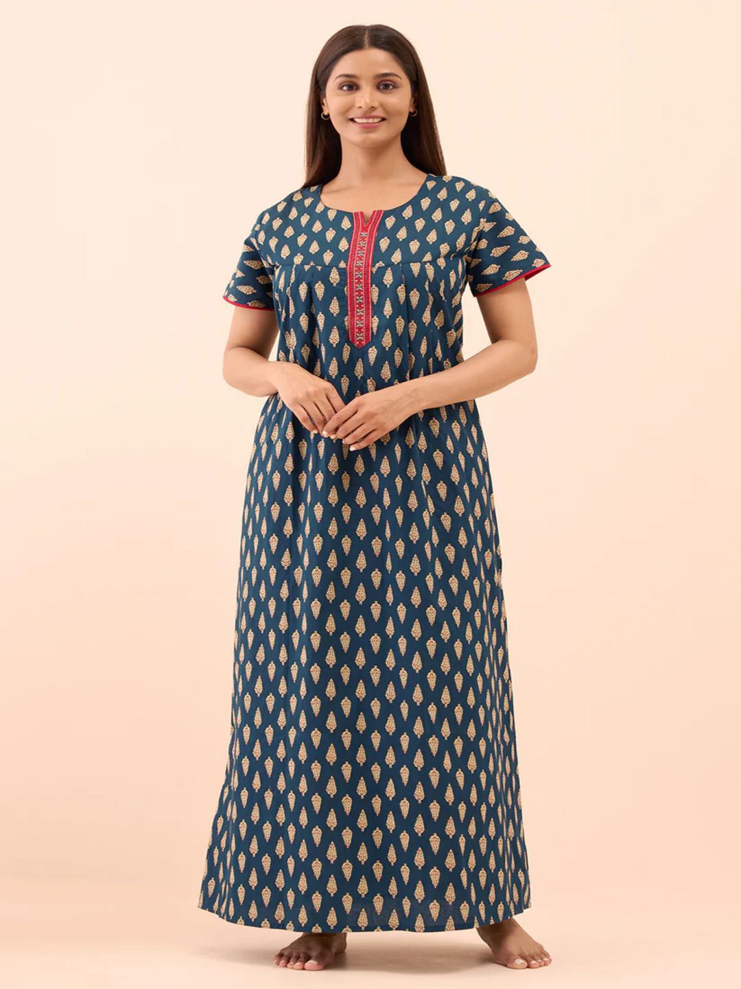 

Maybell Women Everyday Floral Printed Cotton Regular Maxi Nightdress, Green