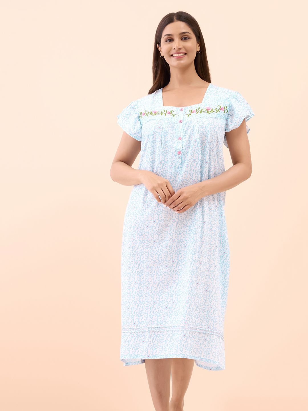 

Maybell Women Floral Printed Short Sleeve Nightdress, Blue