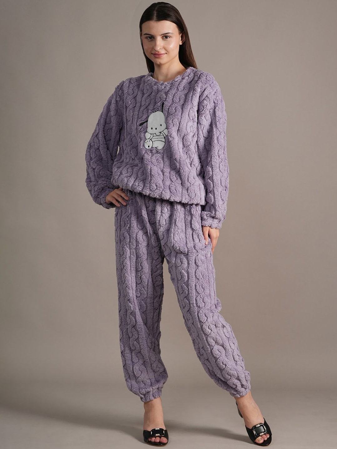 

BAESD Round Neck Self Design Sweater With Trousers, Purple