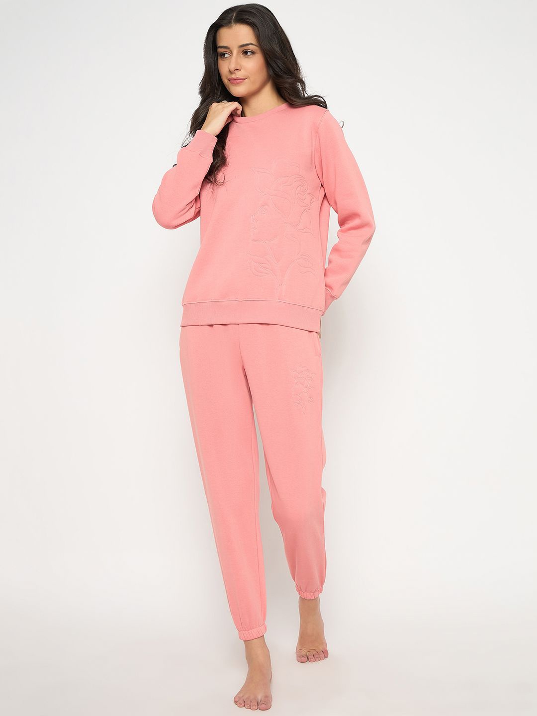 

Madame Women Floral Print Round Neck Long Sleeves Night suit, Pink
