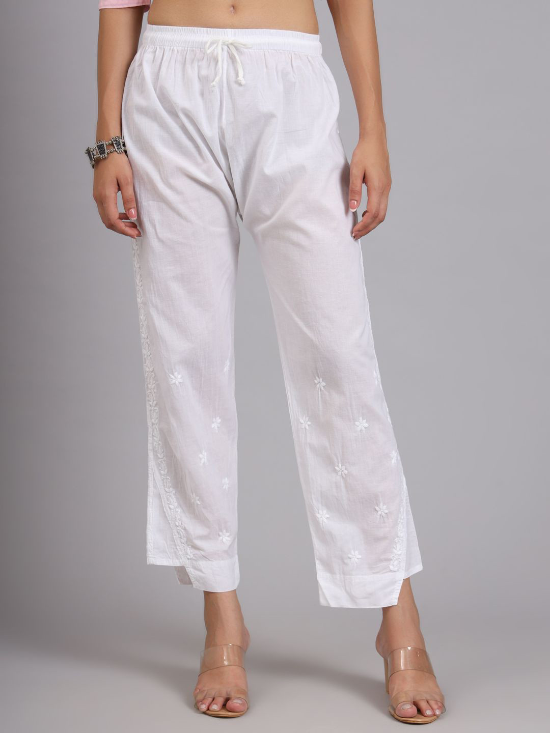 

The Chikan Label Women Floral Embroidered Relaxed Straight Leg Cotton Trouser, White