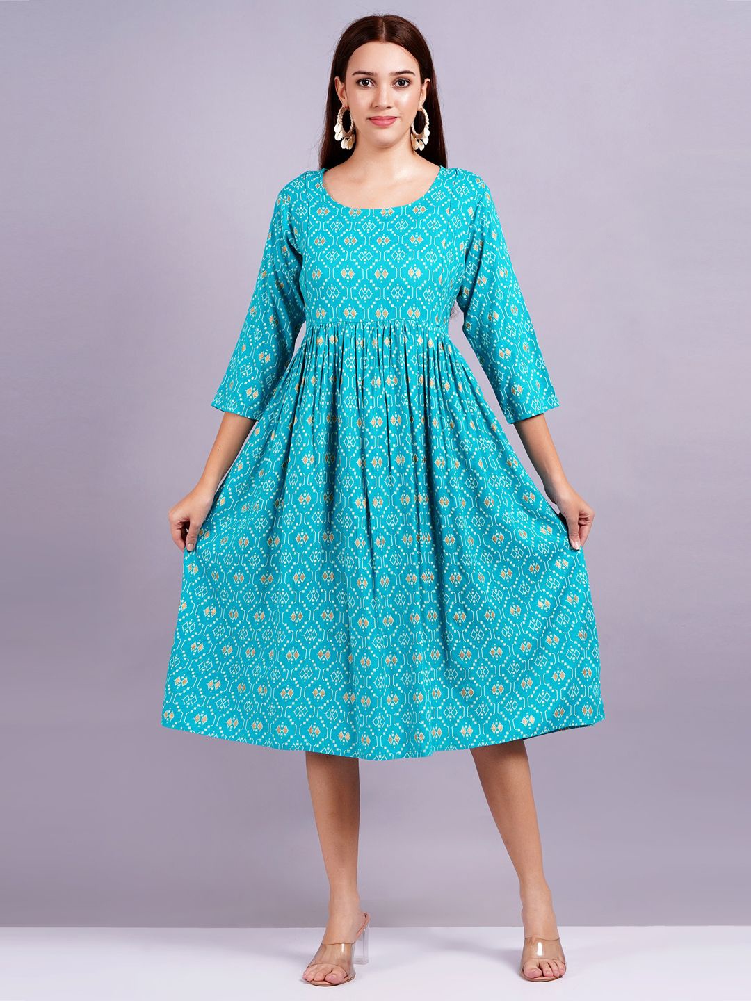 

HIGHLIGHT FASHION EXPORT Women Ethnic Motifs Printed Fit & Flare Dress, Blue