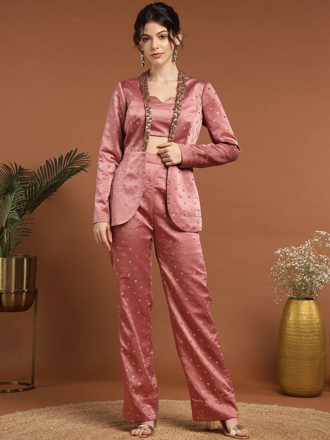 

RIRASA Embroidered Sweetheart Neck Top & Trousers with Jacket, Pink