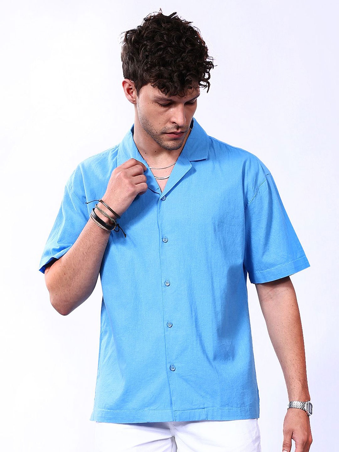 

The Indian Garage Co Men Cuban Collar Relaxed Fit Linen Resortwear Shirt, Blue