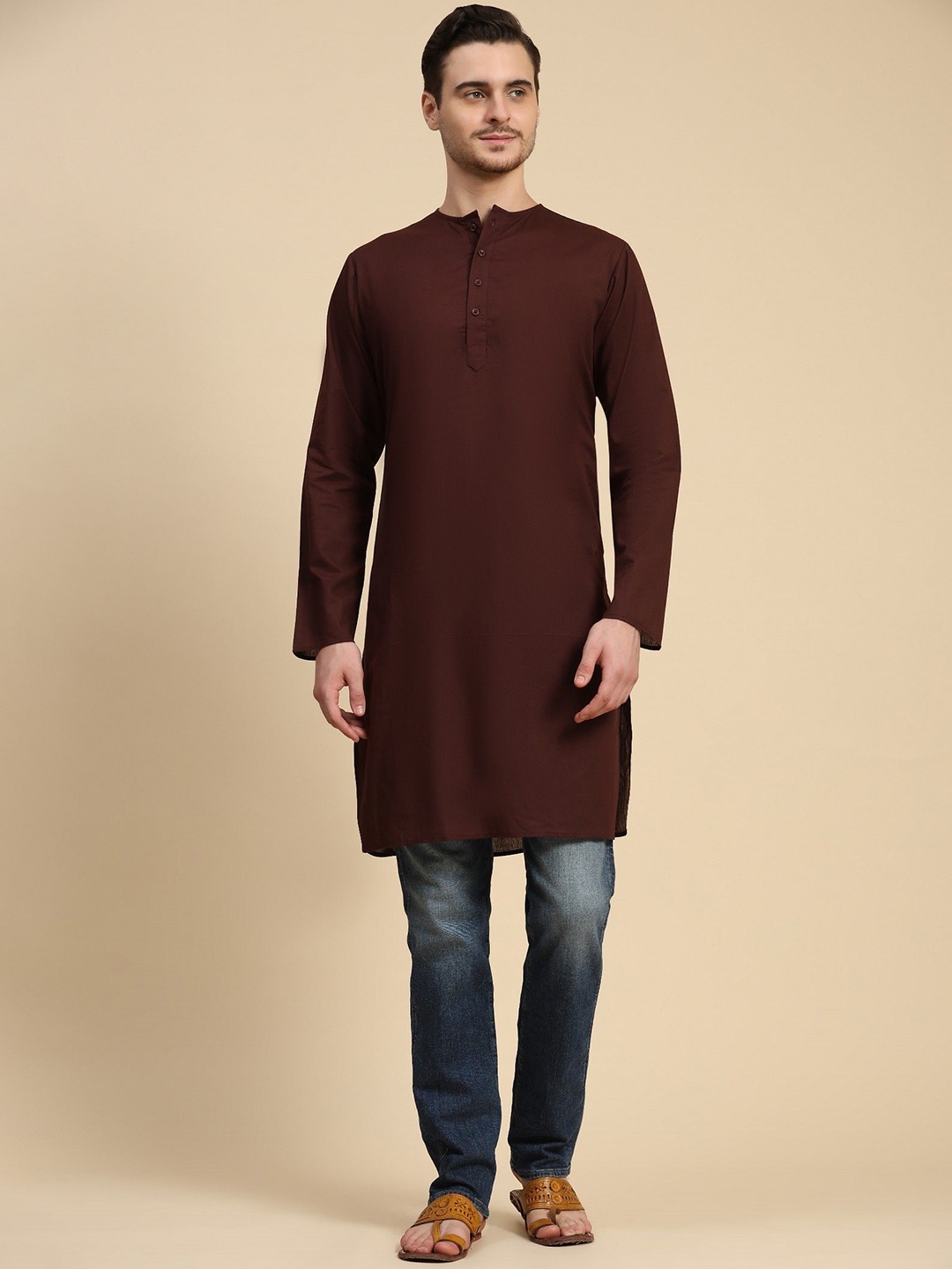 

SKAVIJ Band Collar Cotton Straight Kurta, Brown