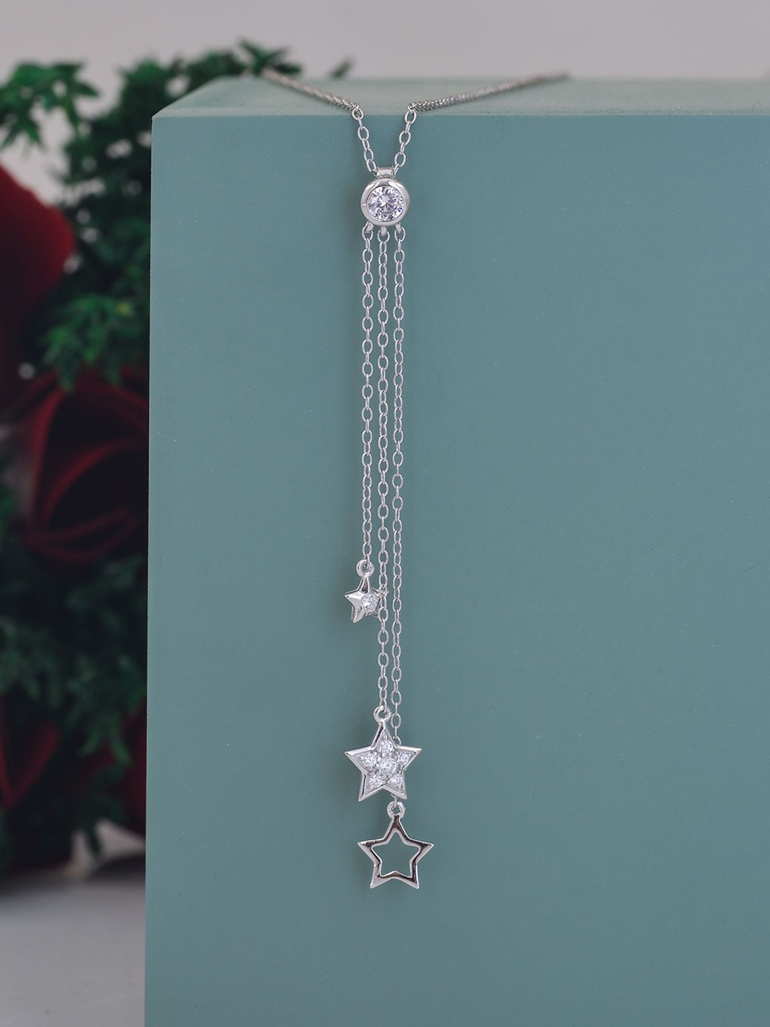 

Ornate Jewels 925 Sterling Silver Rhodium-Plated CZ-Studded Star Shaped Pendant & Chain