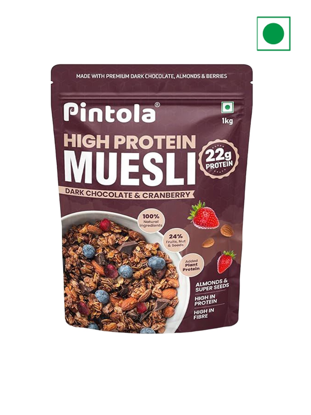 

Pintola 22g High Protein Muesli Dark Chocolate, Cranberries - 1Kg, Brown
