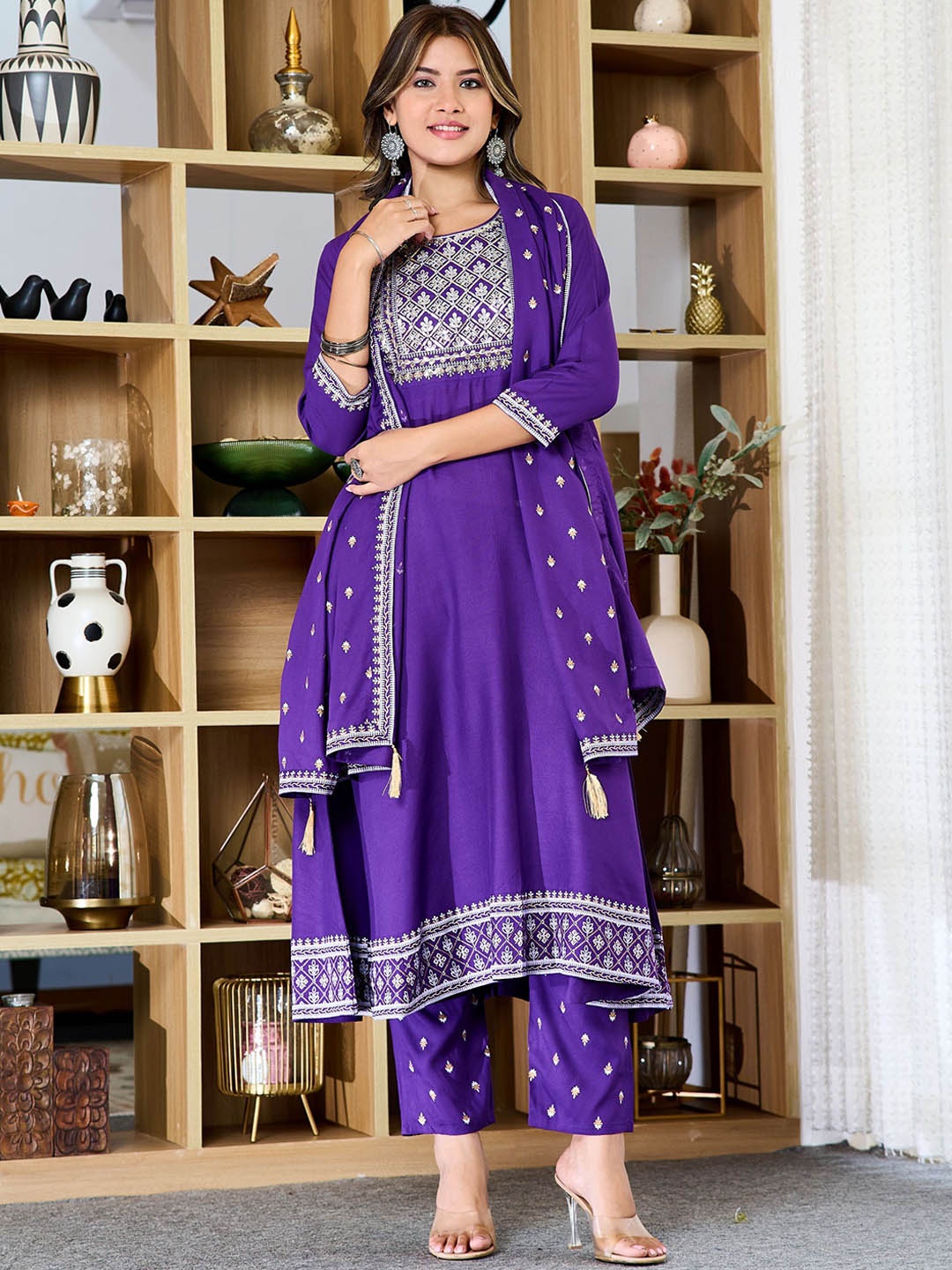 

KALINI Ethnic Motifs Yoke Design Kurta with Trousers & Dupatta, Violet
