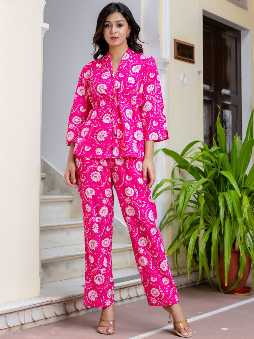 

KALINI Printed Shawl Neck Top With Trousers, Pink