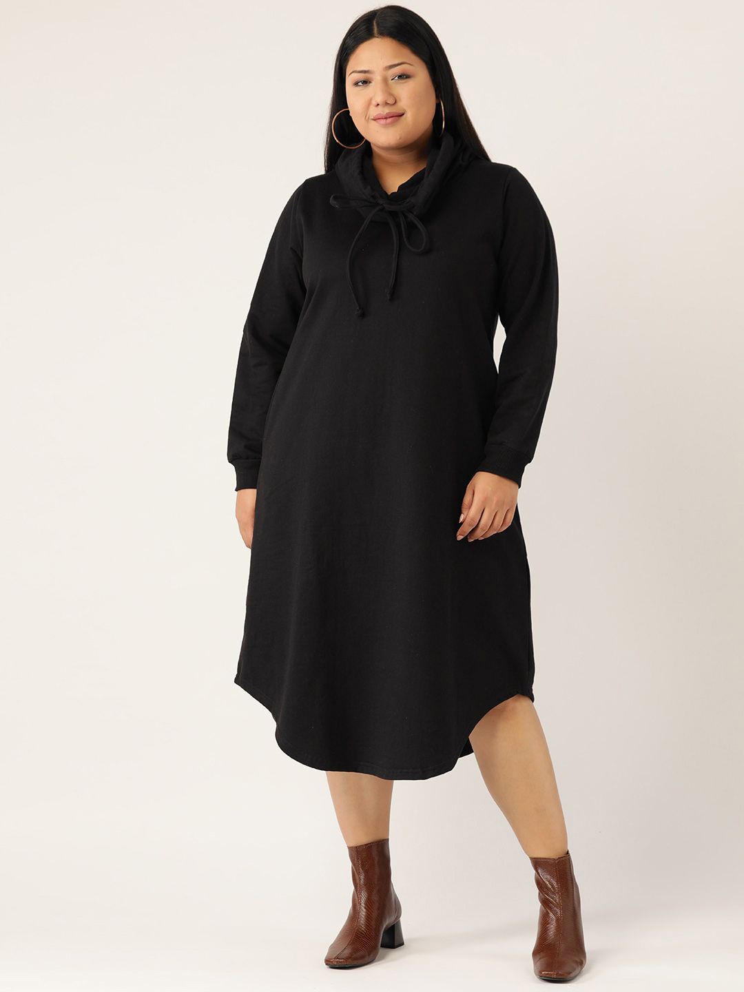 

theRebelinme Women Plus Size Cowl Neck Cotton A-Line Midi Dress, Black