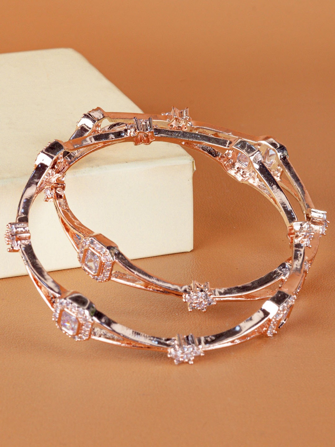 

Zevarly Set Of 2 Rose Gold-Plated American Diamond Stone Studded Bangles