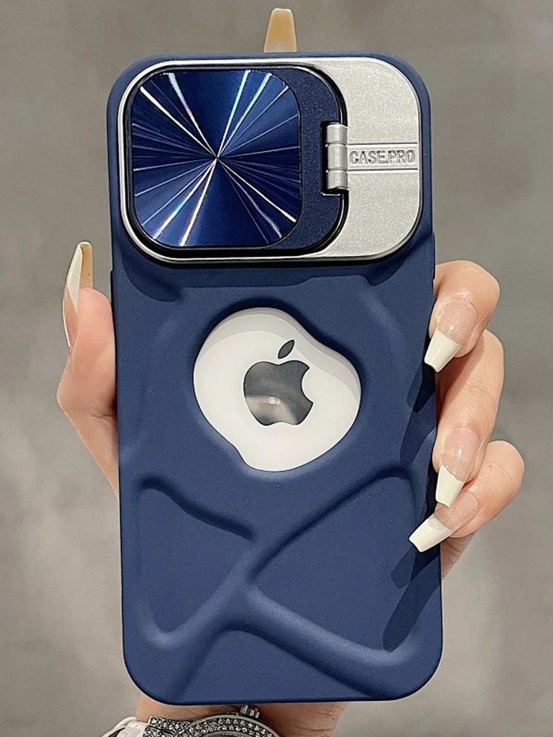 

Luxury Kase Textured iPhone 13 Invisible Bracket Lens Protection Case, Blue