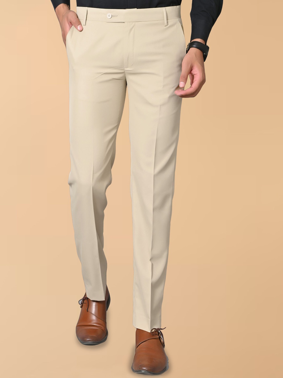 

el cielo Men Tailored Regular Fit Mid-Rise Formal Trousers, Beige