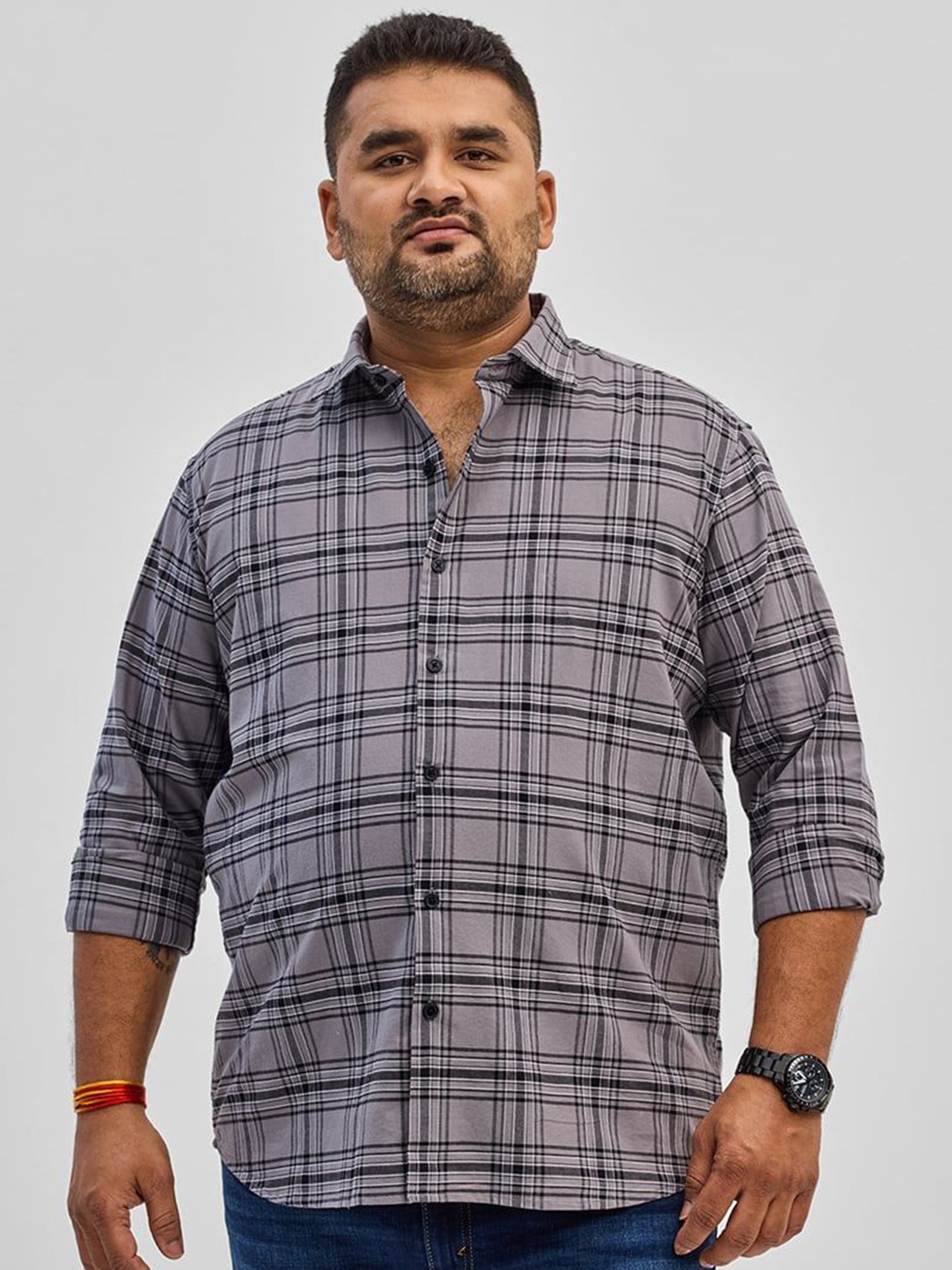 

Snitch Plus Size Men Classic Opaque Checked Casual Shirt, Grey