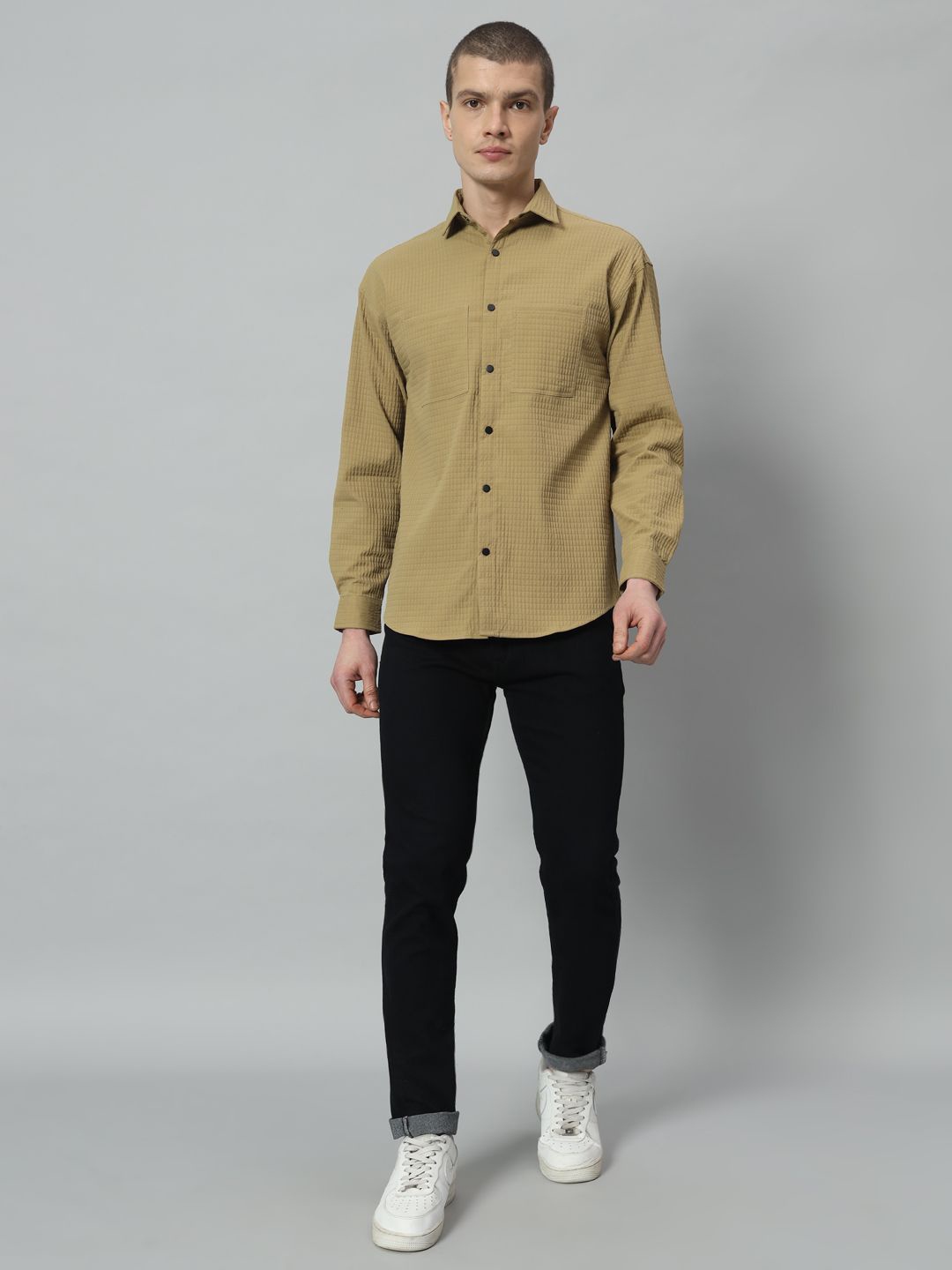 

ROCK AND ROLL Men Textured Spread Collar Casual Shirt, Brown