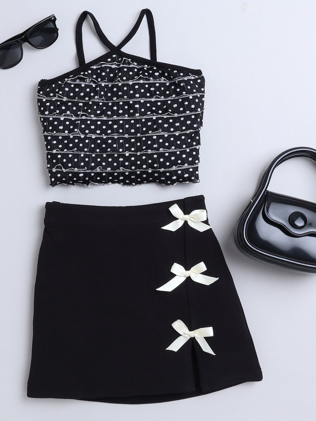 

taffykids Girls Polka Dot Printed Halter Neck Crop Top With Bow Detailed Skirt, Black