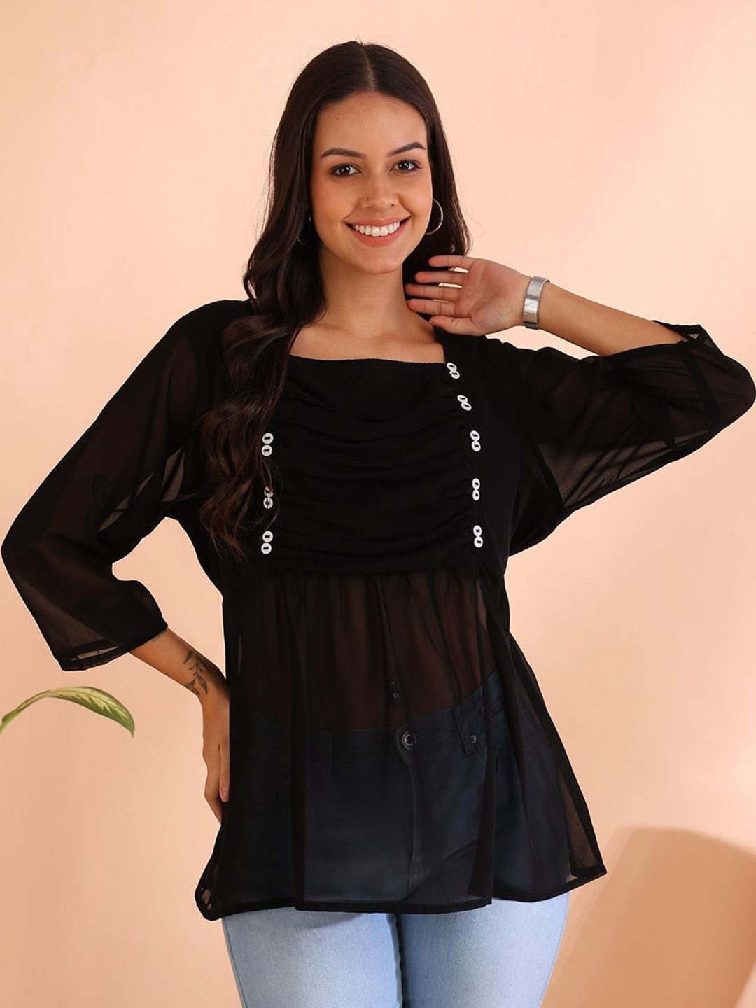 

IKRASS Women Cotton Square Neck Three-Quarter Sleeves Top, Black