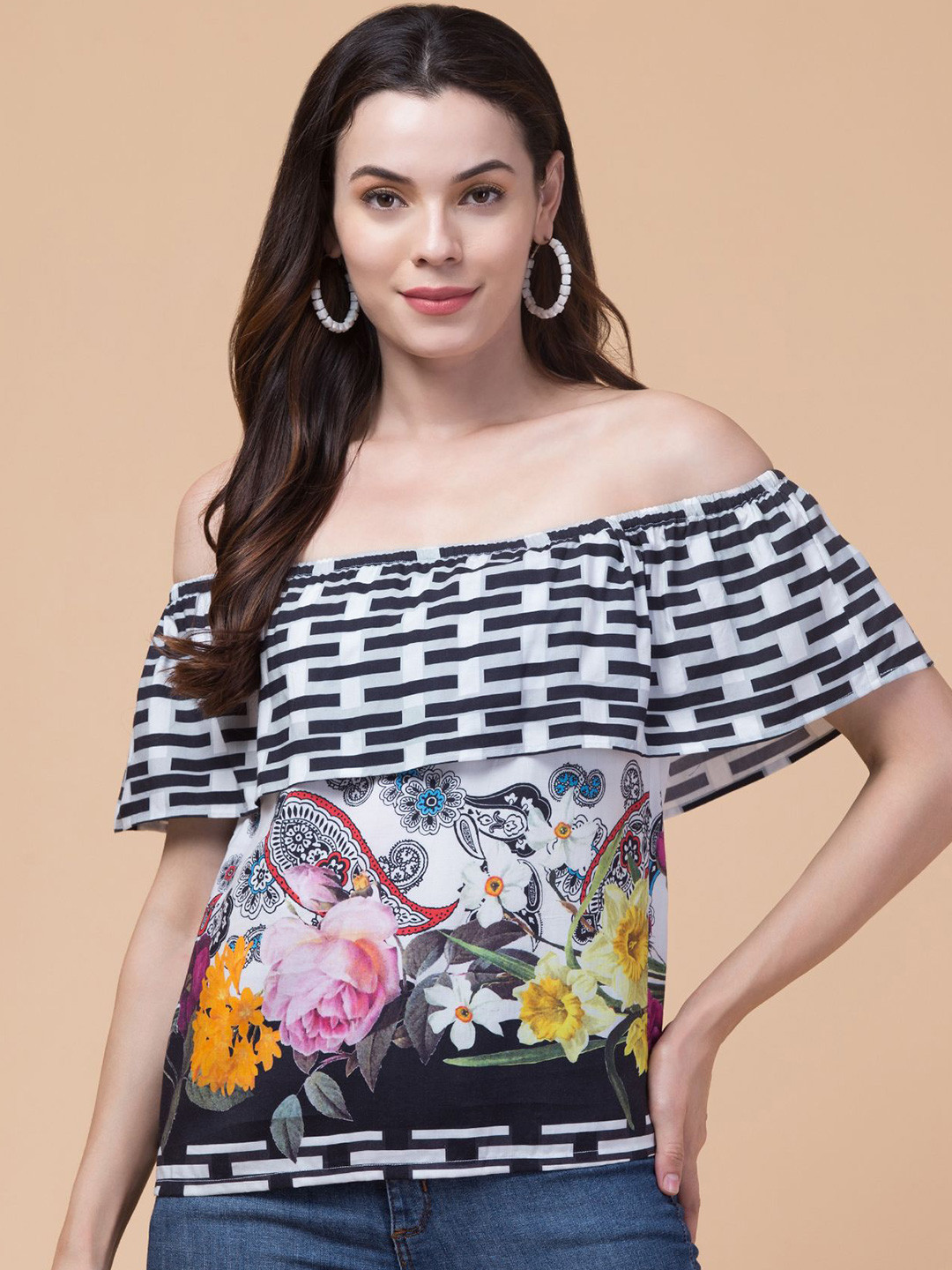 

Hive91 Women Floral Printed Off-Shoulder Top, Black