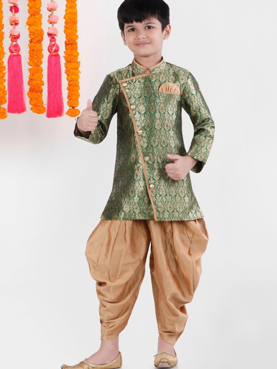 

Pehanaava Boys Brocade Sherwani Patiala Dhoti Set, Green