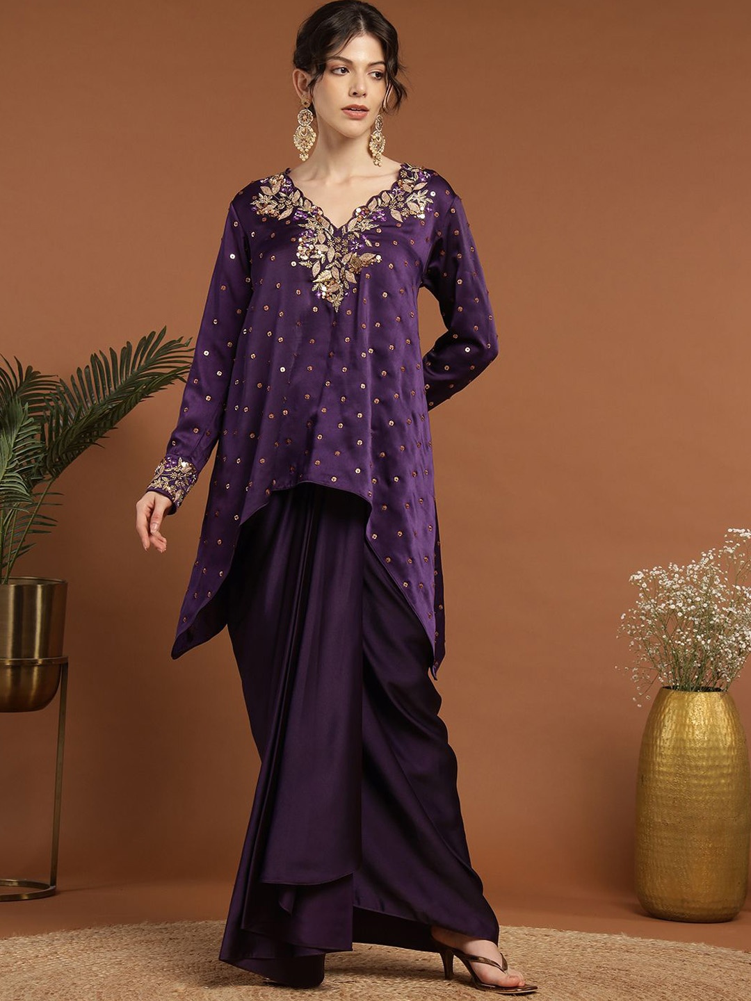 

RIRASA Floral Embroidered Sequinned Kurta with Skirt, Purple