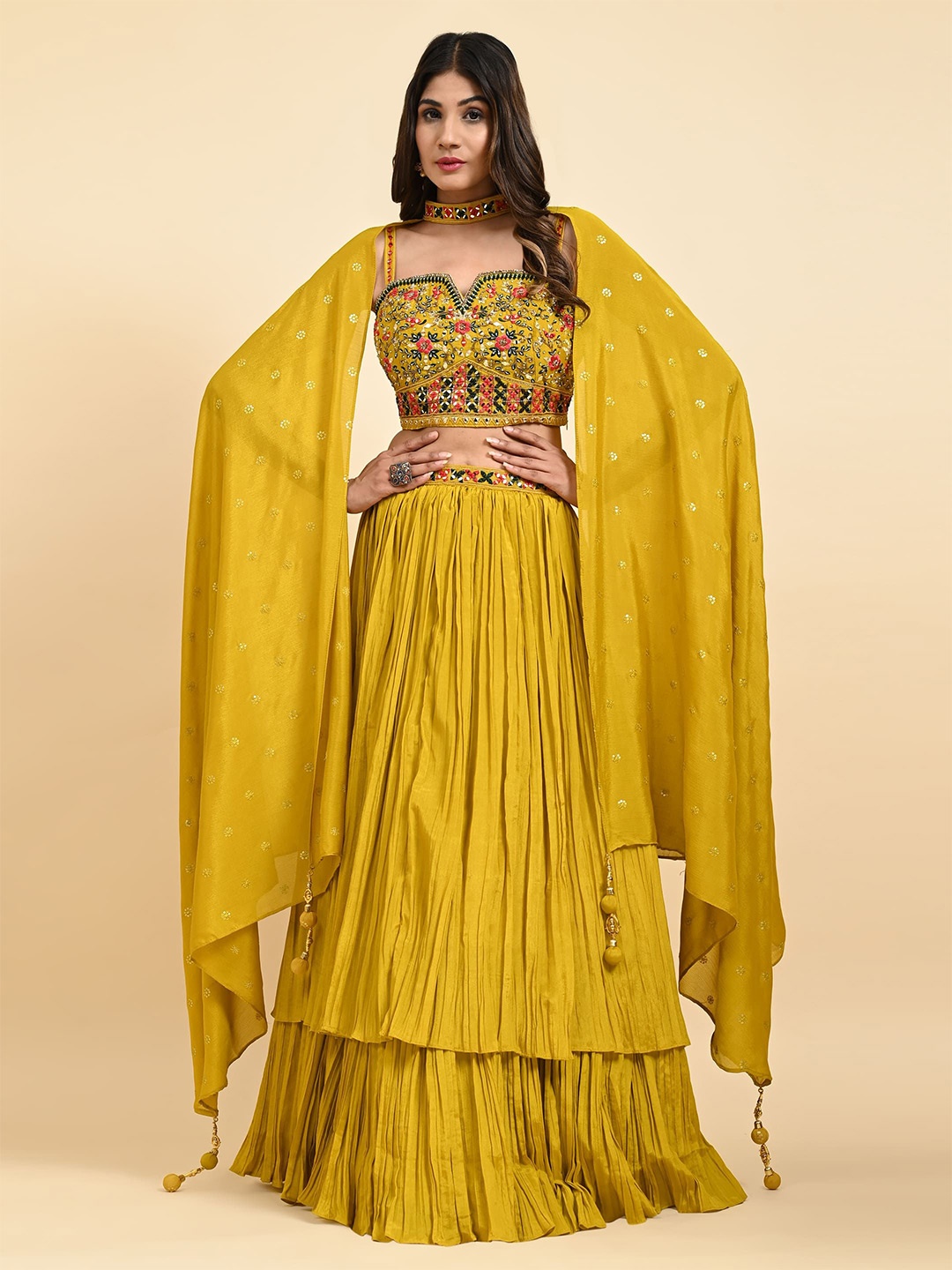 

VANAKARA Embroidered Mirror Work Ready To Wear Lehenga & Blouse With Dupatta, Gold