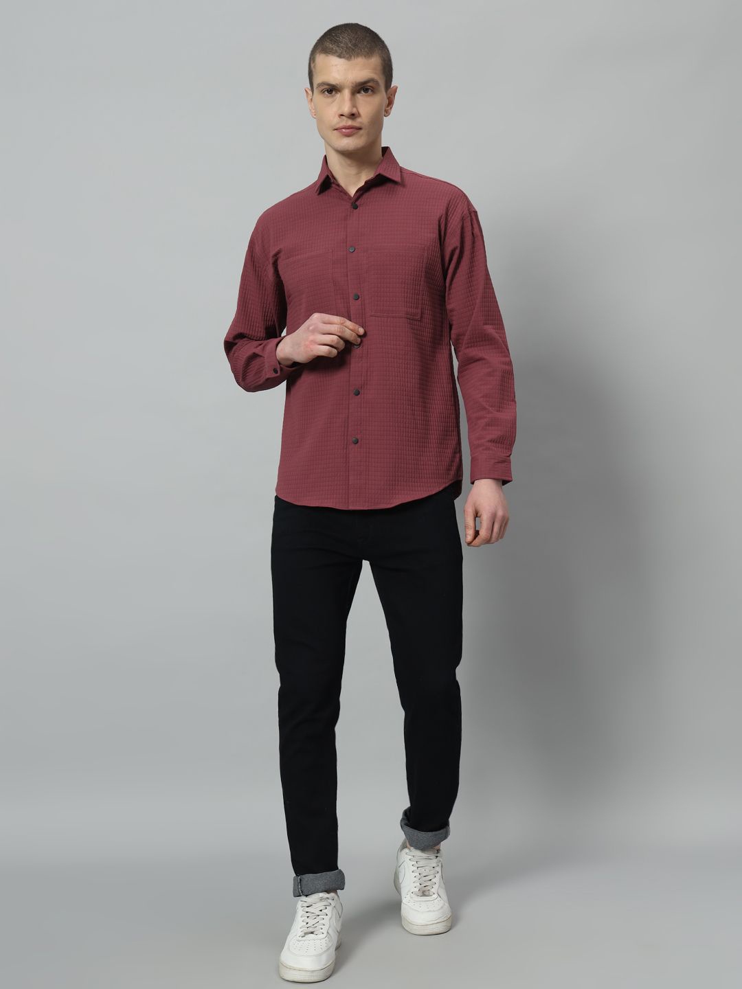 

ROCK AND ROLL Men Spread Collar Textured Casual Shirt, Maroon