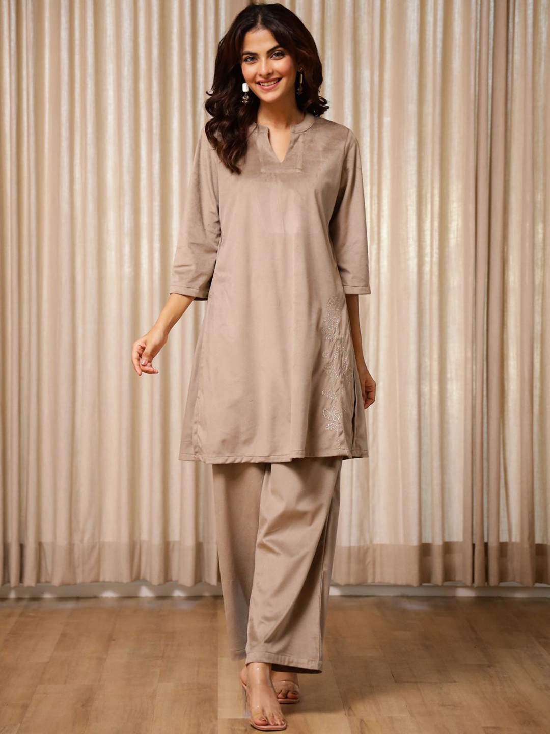 

RangDeep Embroidered Mandarin Collar Three-Quarter Sleeves Pure Cotton Top With Trouser, Beige