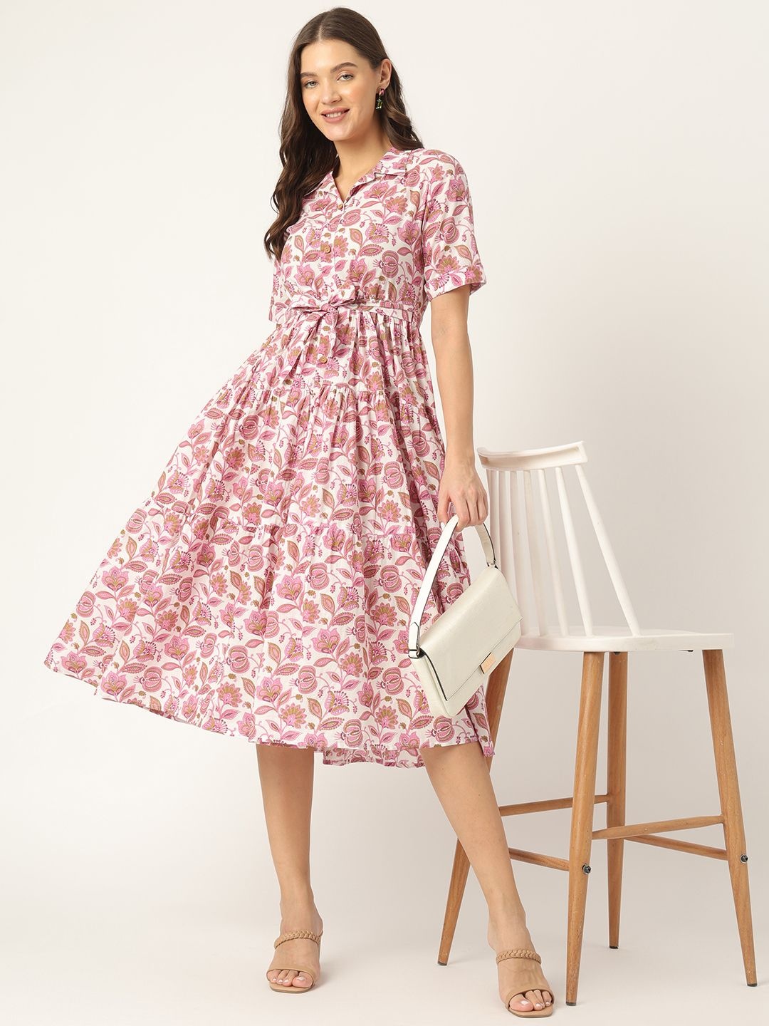 

Ashlee Women Cotton Printed A-Line Midi Dress, Pink