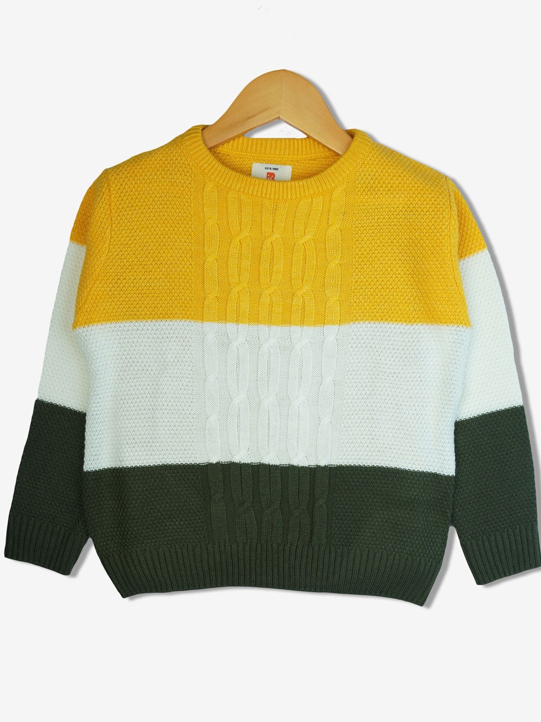 

Bodycare Boys Colourblocked Woollen Full Sleeves Round Neck Pullover Sweaters, Yellow