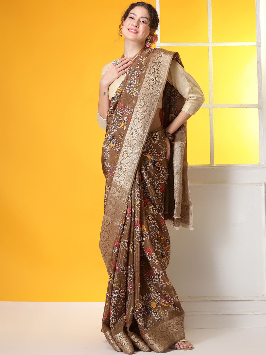 

REETI OF PRINTS Kalamkari Zari Pure Chiffon Saree, Red