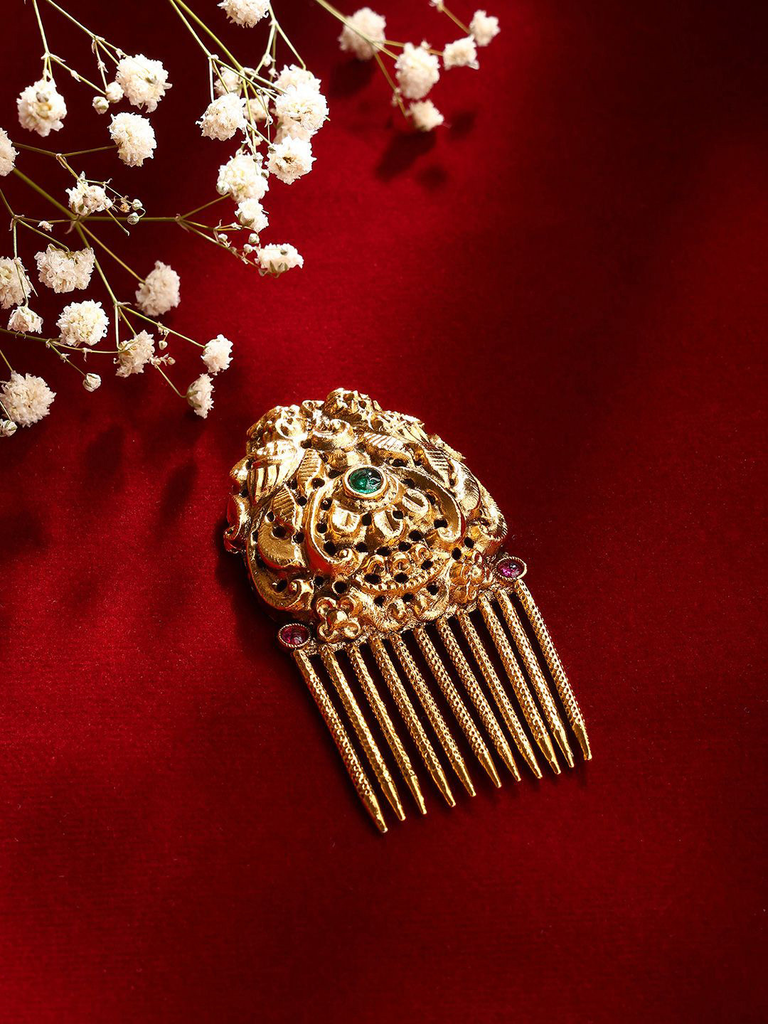 

Priyaasi Women Twin Peacock Carved Embellished Comb Pin, Gold