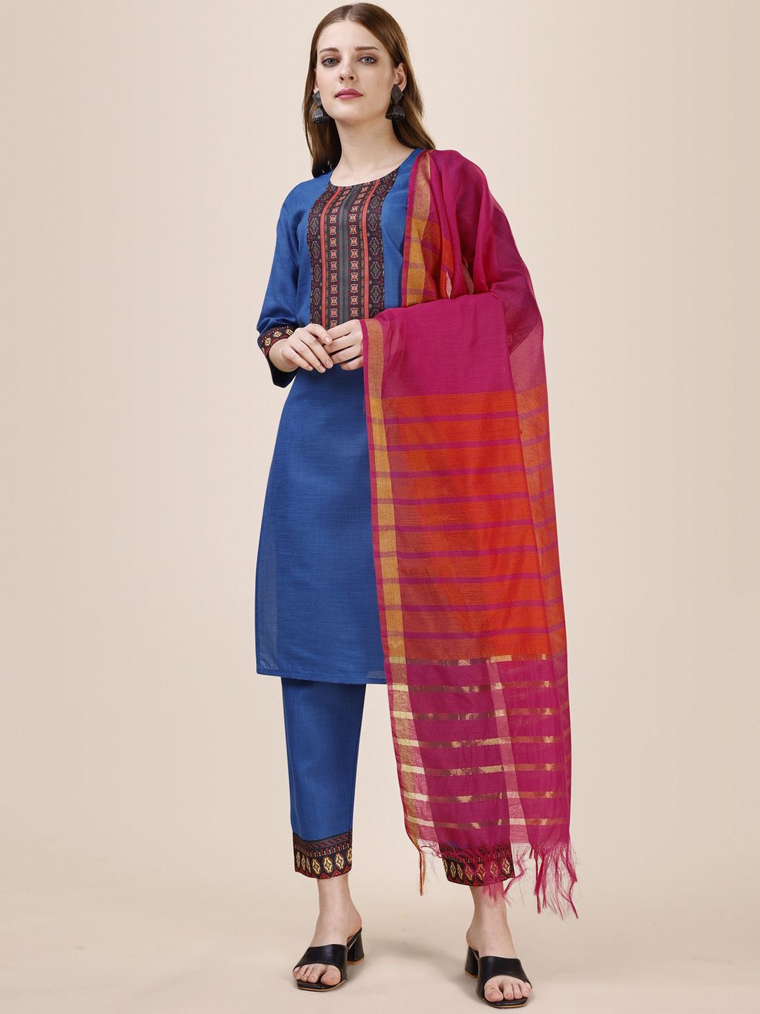 

Sidhidata Floral Printed Yoke Design Straight Kurta With Trousers & Dupatta, Navy blue