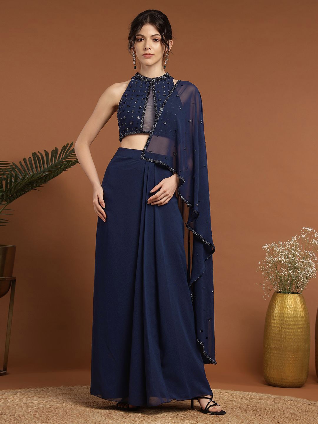 

RIRASA Embellished Sequinned Pure Georgette Saree, Blue