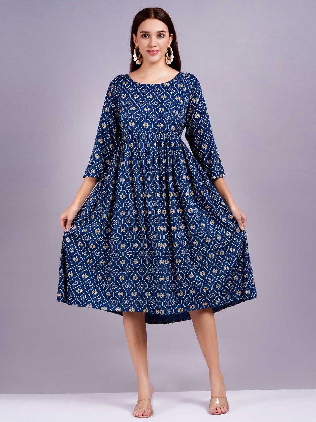 

JC4U Women Geometric Printed Round Neck Chiffon Fit & Flare Dress, Blue