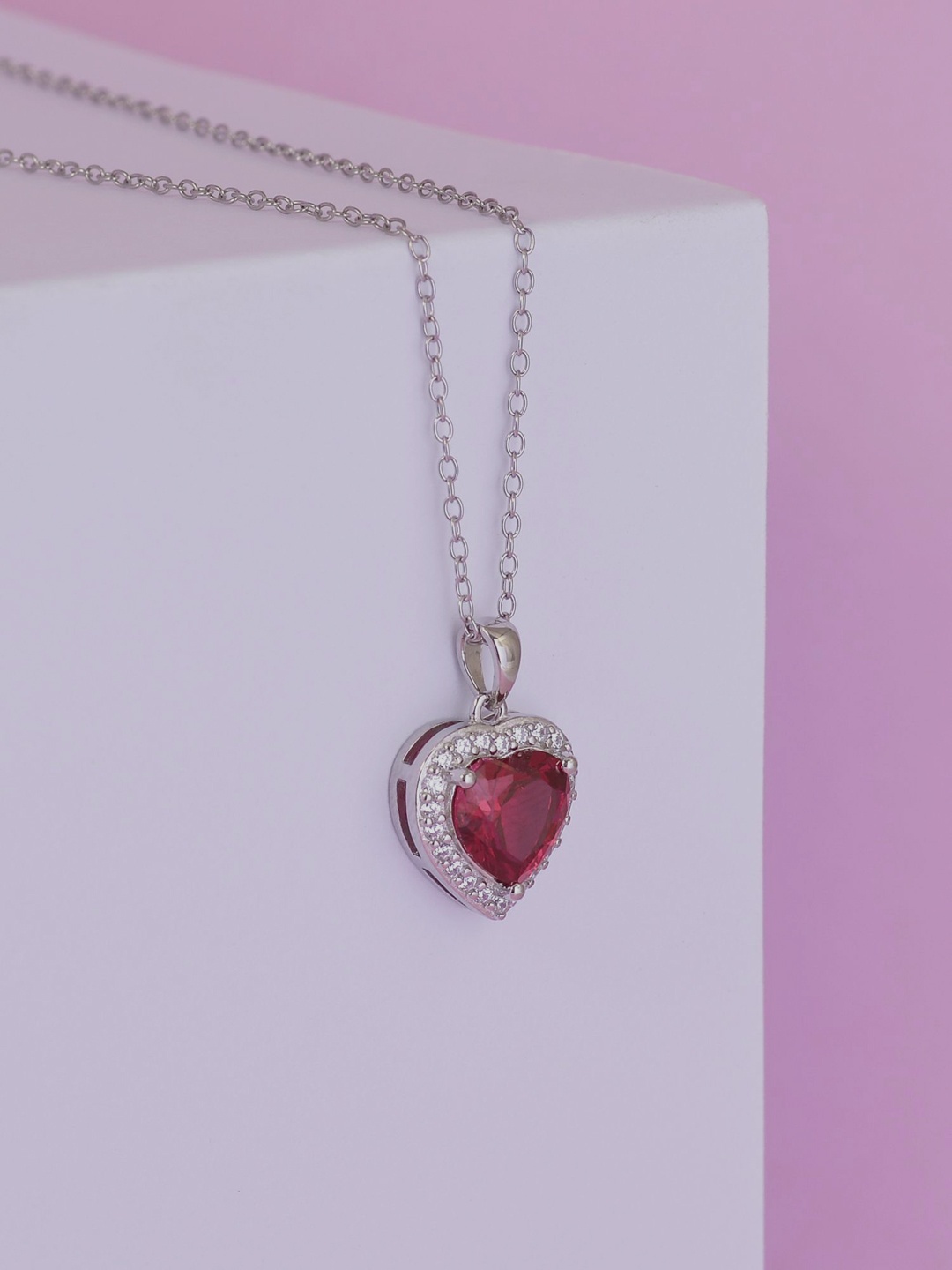 

Ornate Jewels 925 Sterling Silver Rhodium-Plated AD Ruby Heart Pendant With Chain