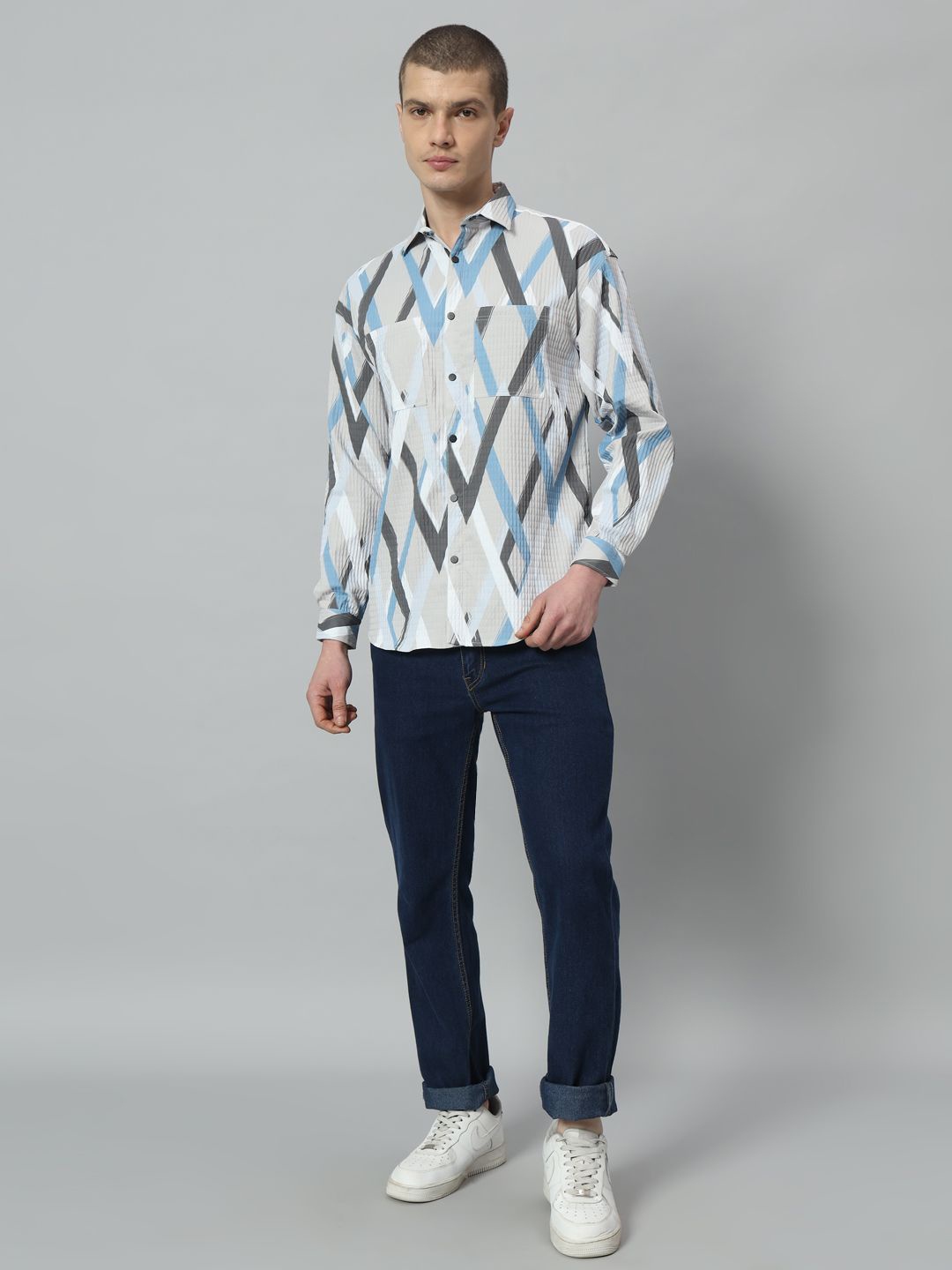 

ROCK AND ROLL Men Textured Geometric Printed Casual Shirt, Beige