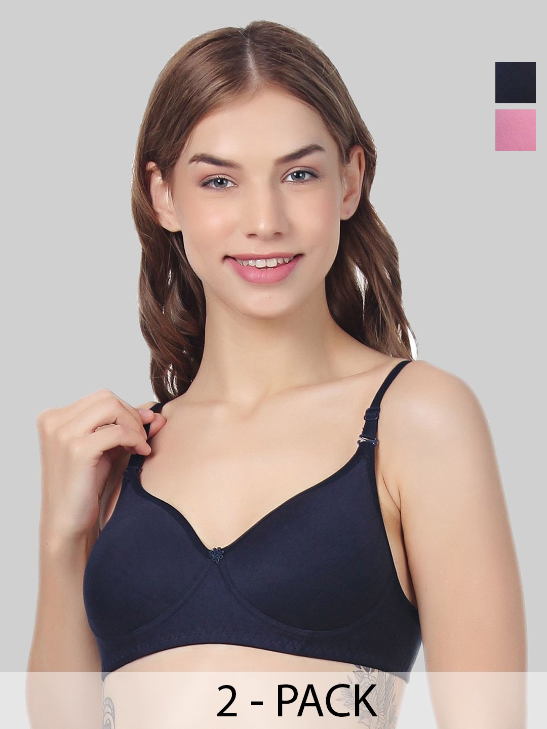 

Designer Bugs Women Pack of 2 Cotton Non Padded Full Coverage Bra, Navy blue