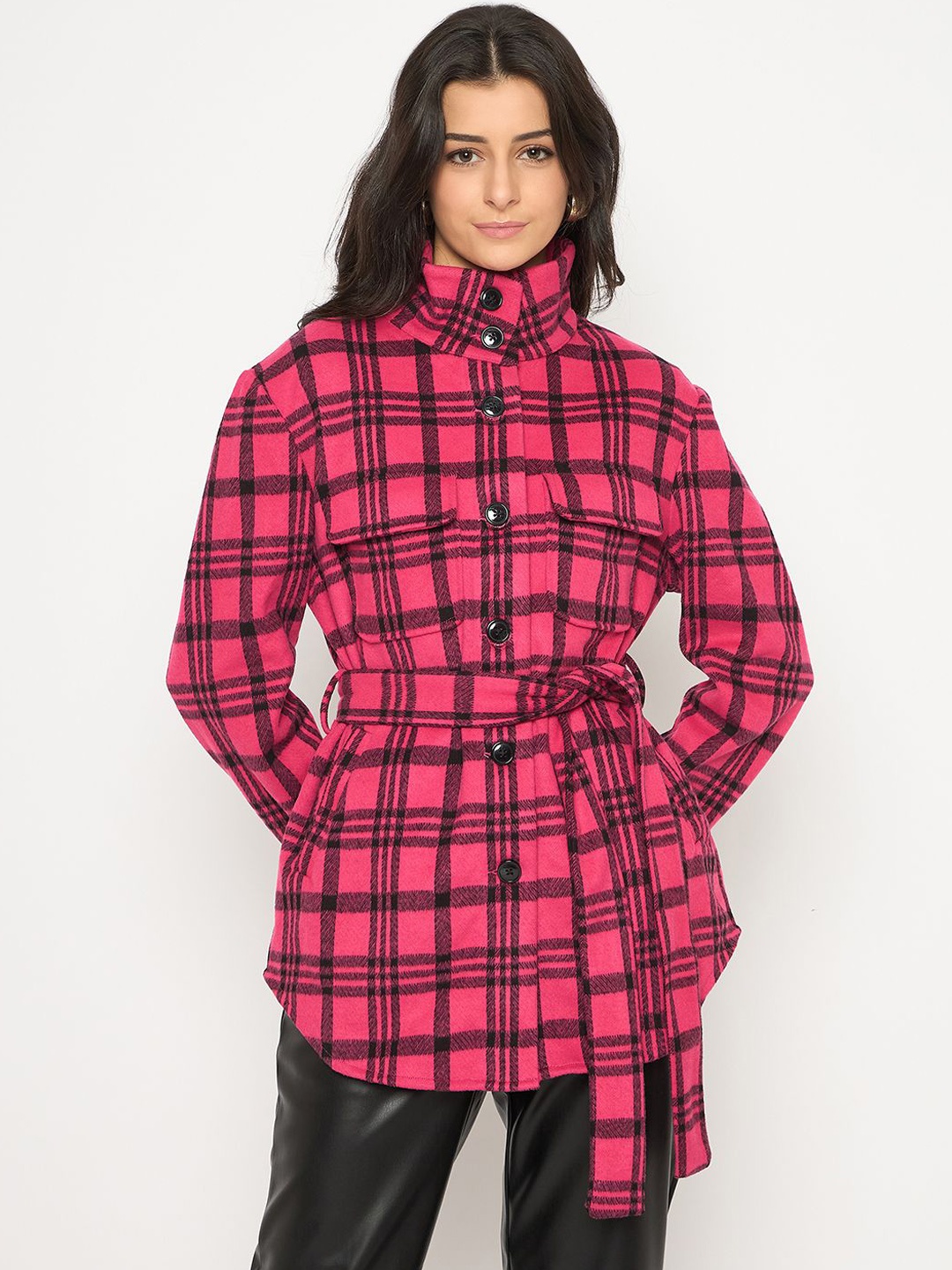 

Madame Women Checked Polyester Longline Tailored Jacket, Pink