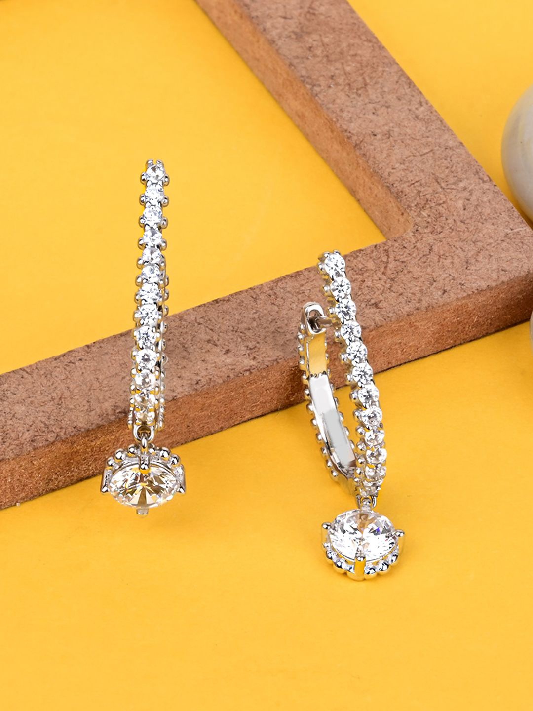 

TOUCH925 Pure Silver Cubic Zirconia Stone Studded Contemporary Drop Earrings