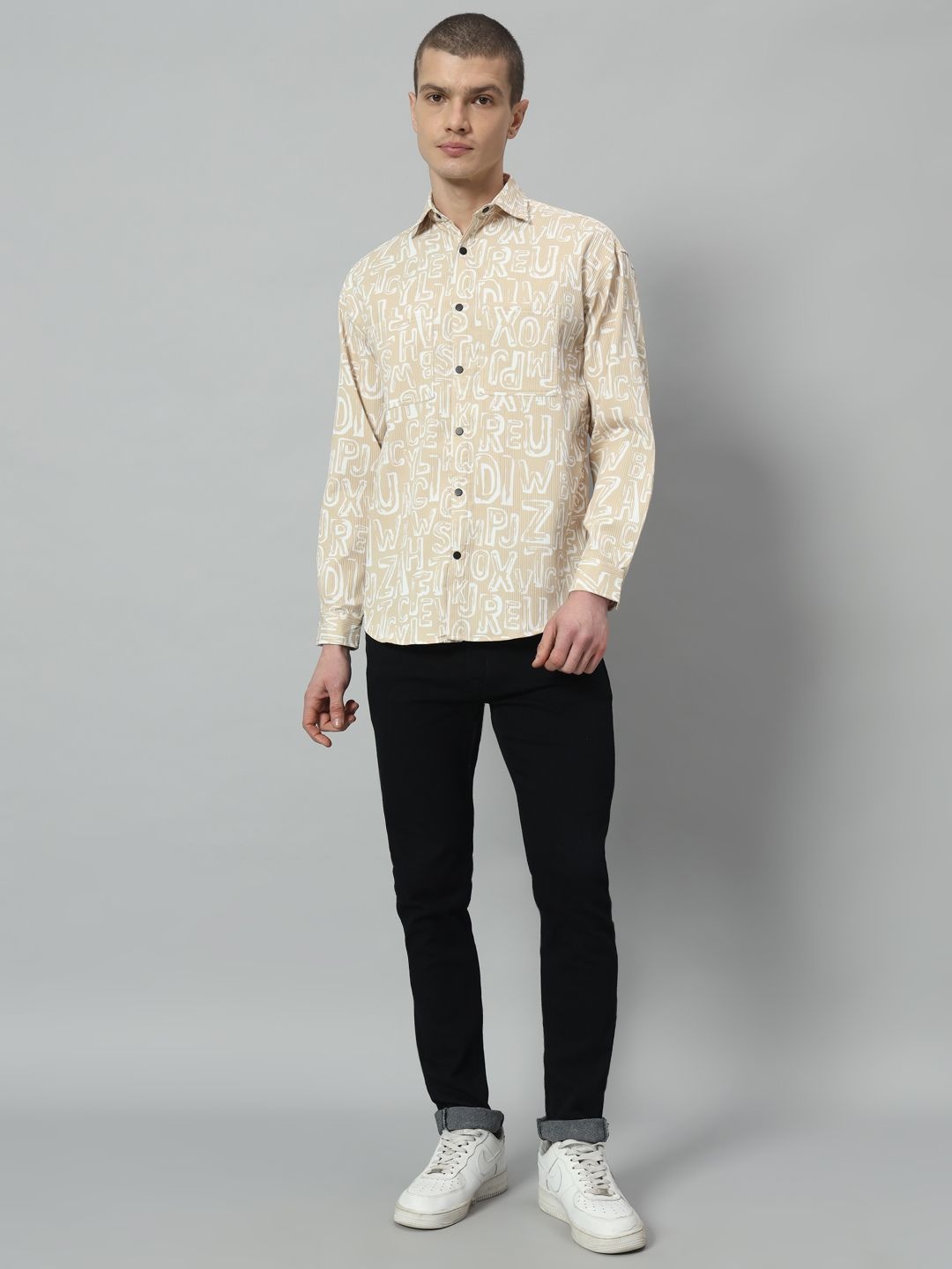 

ROCK AND ROLL Men Spread Collar Typography Printed Casual Shirt, Beige