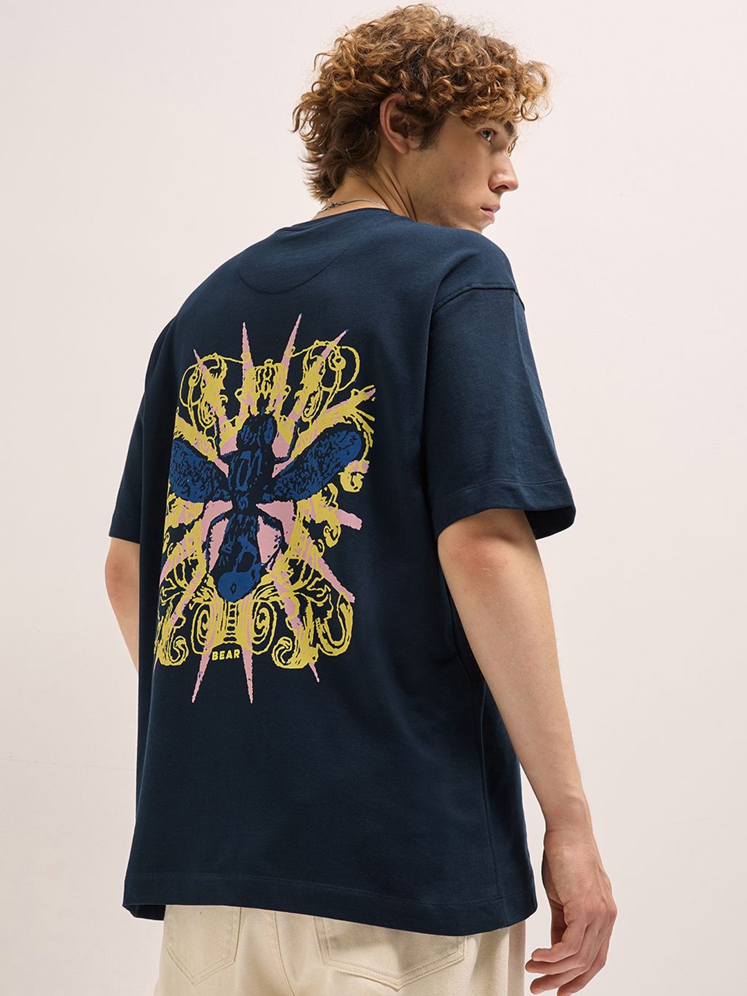 

THE BEAR HOUSE Men Oversized Fit Back Printed Pure Cotton T-shirt, Navy blue