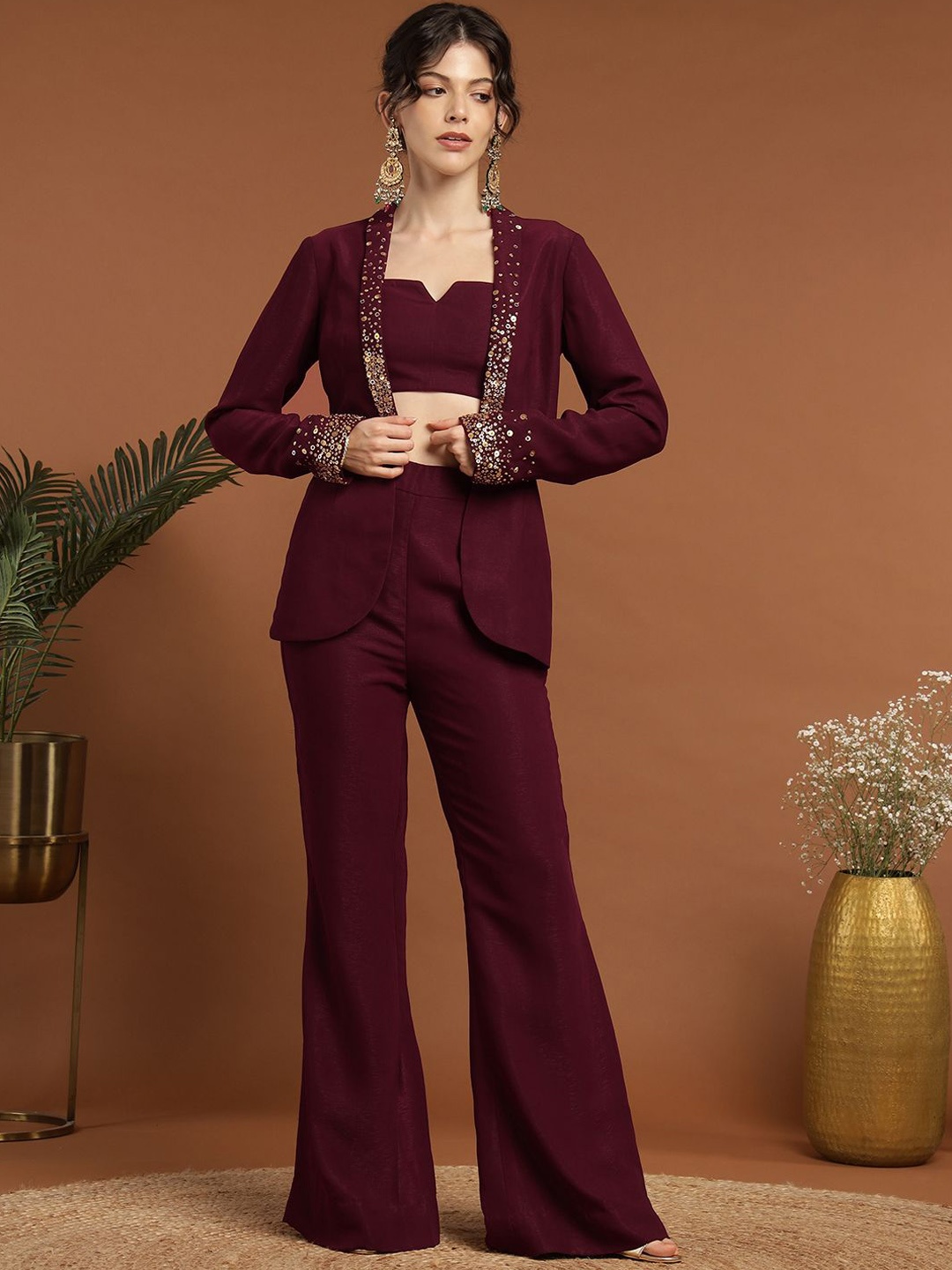 

RIRASA Shoulder Straps Embellished Top and Jacket With Trouser, Maroon